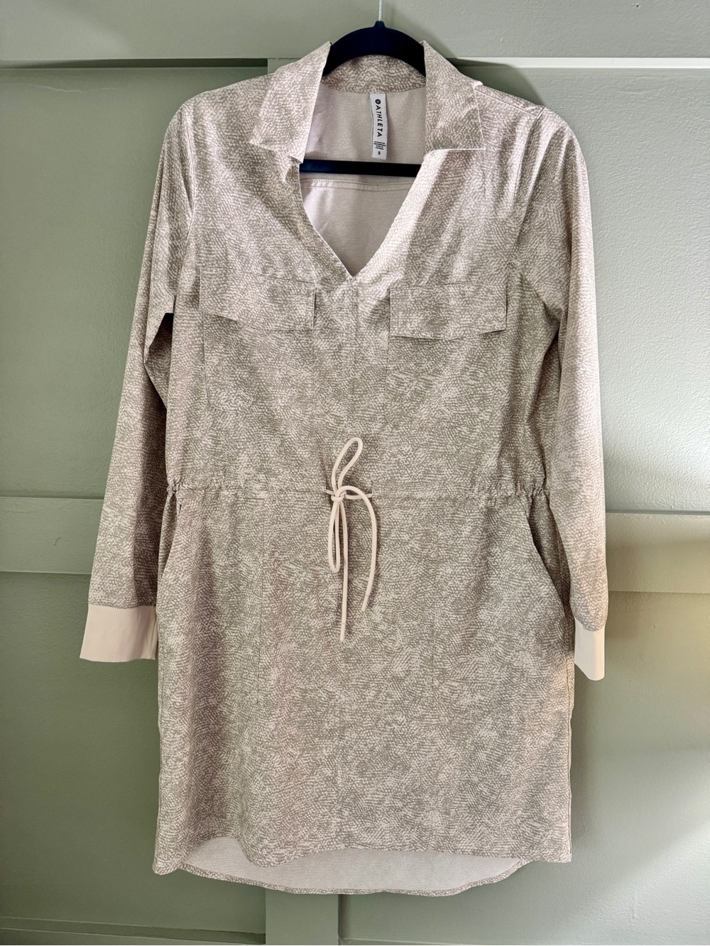 Athleta Taupe-Beige Long Sleeve Drawstring Shirt Dress